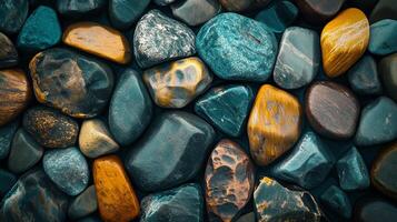 An eye-level, full-frame close-up presents a diverse collection of naturally polished stones, creating an earthy aesthetic with warm lighting. photo