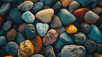 Colorful stones and pebbles on a beach. Multicolored rock texture, a beautiful display of nature's artistry in a smooth, round pebble collection. photo
