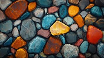 A vibrant collection of colorful stones, arranged together to create a visually appealing and textured rock surface. Perfect background. photo