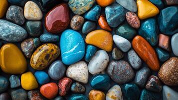 Colorful polished stones arranged randomly. An abstract close up with various sizes and bright colors, suitable for a relaxing background. photo