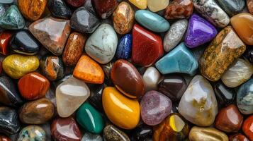 Colorful collection of polished stones. These gems and crystals showcase nature's beauty with their unique colors and smooth surfaces. photo