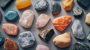 A colorful assortment of polished stones, each unique in color and texture, scattered on a solid neutral surface. Simple still life. photo