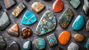 Assortment of colorful polished gemstones and minerals with varied patterns, placed on dark background, suitable for jewelry making. photo