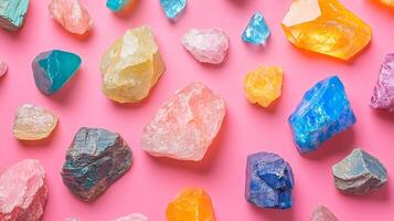 Assorted colorful crystal gemstones are scattered on a vibrant pink surface, creating an appealing aesthetic and geological display. photo