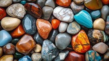 An overhead view captures an assortment of polished stones, exhibiting a range of natural colors, textures, and shapes in a tightly packed group. photo