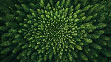 Aerial view of lush green pine trees, creating a mesmerizing concentric pattern, forming a natural green tapestry from above. photo