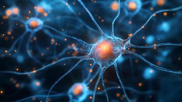A detailed rendering of interconnected neural pathways, illuminated with bright orange light highlighting their connections and structure. photo