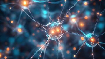Detailed illustration of nerve cells, showcasing intricate biological structures with glowing highlights in a visually stunning representation. photo