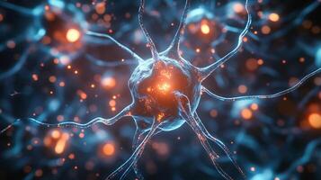 Close-up of a neuron cell body with several dendrites extending outward, surrounded by glowing particles against a dark blue background. photo