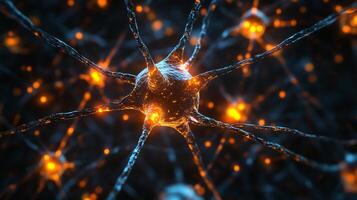 Detailed neural network visualization displaying neuron firing activity, glowing with intricate connectivity and bioluminescence in synapse. photo