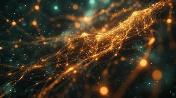 Abstract network of glowing strands with points of light, conveying connectivity and flowing energy in a dark teal bokeh background. photo