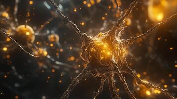 Detailed view of neural network connections, emphasizing golden, illuminated structures, and the complexities of brain communication. photo