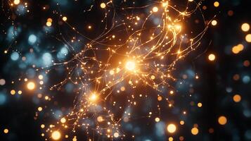 A captivating display of illuminated connections, resembling neurons firing or a network of radiant pathways against a bokeh-lit backdrop. photo