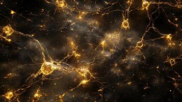 Golden neurons glow, firing across a dark expanse, representing connectivity and thought in a complex neural network. photo