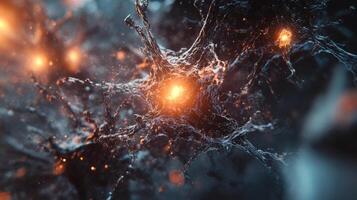 Abstract representation of neural network activity with glowing nodes and intricate connections signifying complex data flow and computation. photo