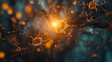 Detailed visualization of brain cells, highlighting complex neural networks and the transfer of information in a vibrant, interconnected system. photo