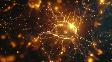 Detailed visualization of neuron and axon network. Cell body glowing gold. Connection lines are intricate and gold-toned. photo