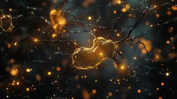 Glowing neuron illustration with intricate details, electrical impulses, and branches extending into the darkness. Captivating and complex. photo