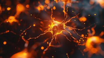 Abstract neuron with glowing orange hue, symbolizing neural networks and connectivity in a dark, moody scientific visualization. photo