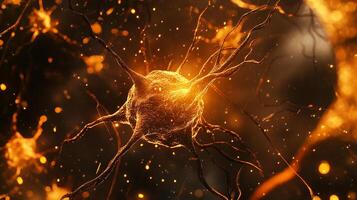 Glowing neuron with tendrils extending to form networks, showcasing biological complexity in a microscopic view. Neuron science. photo