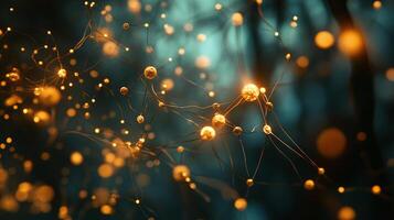 Illuminated nodes and connecting lines create an abstract network, evoking technology or biological systems with a dark, blurred backdrop. photo