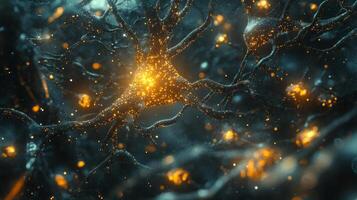 Neurons with glowing, networked connections symbolize brain activity, learning, and advanced technology within a digital environment. photo