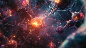 Vibrant neural network with bright nodes, simulating connectivity, transmitting signals in a cosmic-inspired cellular structure. photo
