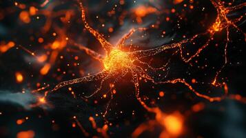 Digital visualization showcases a neuron-like structure glowing in bright orange with intricate branching details on a dark backdrop. photo