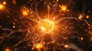 Glowing neuron cell with neural connections, synapses, and transmission of electrical signals. Beautiful rendering of biological activity. photo