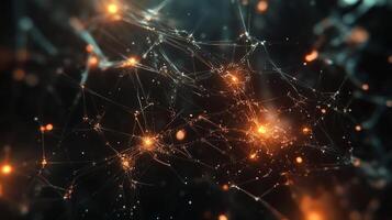 Complex network of connected nodes. Glowing lights and thin lines create an abstract representation of data or neural connections. photo