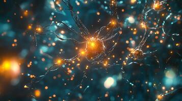 Detailed neuron cell with illuminated connections. Abstract science and medical imagery in a bokeh style. photo