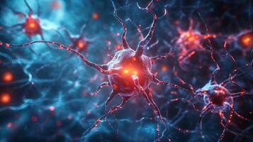 A detailed view of interconnected neurons, glowing with red light, set against a dark blue background. Complex neural network. photo