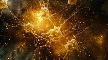 Detailed visualization showcases neuronal network connectivity, illustrating the intricate web of cellular communication, with a golden hue. photo