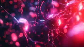 Detailed, colorful neuron structures are shown in this vibrant image. Biological research and medical concepts are represented visually. photo