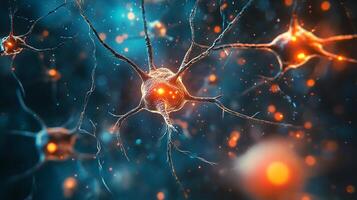 An abstract rendering showcases interconnected neurons with glowing orange and blue accents, emphasizing neural networks. photo