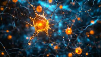 Illustration of neurons communicating in a network, with a glowing orange effect highlighting connections and their activity. photo