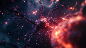 Abstract visualization showcasing a neuron firing with intricate details and vibrant light effects. Artistic depiction of cellular activity. photo