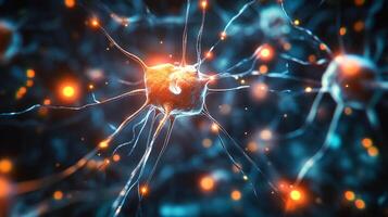 Illustration of neurons and synapses transmitting signals, highlighting their role in neural networks and overall brain function. photo
