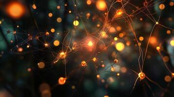 Interconnected nodes glow warmly against a blurred, dark green backdrop. Thin strands link each sphere, hinting at networks and communication. photo