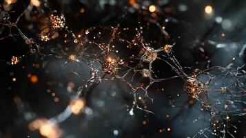 Neural network abstraction, synapses connecting with bright nodes, signaling pathways, data flow simulation, deep learning concept. photo