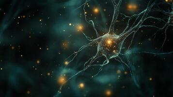 A visually striking image of a neuron, rendered with glowing particles against a dark, atmospheric background. It evokes a sense of connection. photo