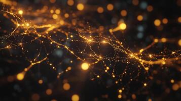 Golden dots connect in a flowing, interwoven network against a dark background, suggesting a digital or organic structure. photo