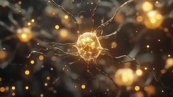 Detailed depiction of a neuron cell body surrounded by branching dendrites and axons, glowing and seemingly emitting particles of light. photo