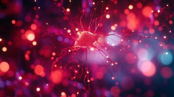 Vibrant neuron cell illustration with glowing red and blue, depicting neural networks, communication, and the complexity of the brain. photo