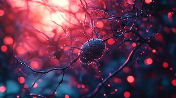 Abstract close-up of a cell-like object with tendrils, set against a vibrant backdrop of crimson bokeh and dark branches. Dreamy, surreal aesthetic. photo