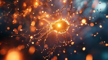 Vibrant neuron illustration with glowing connections. The focal point is a neuron with branching dendrites on a blurred backdrop. photo
