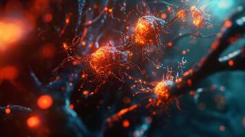 Detailed microscopic view of nerve cells with glowing orange synapses connecting them in a complex network, set against a dark background. photo