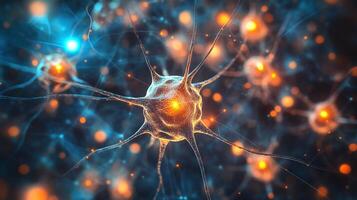 Detailed artistic rendering of neurons, showcasing cellular complexity and interconnectedness in neural networks with vibrant color palette. photo