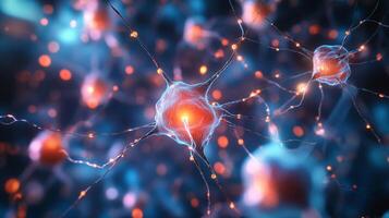 A close-up, artistic visualization of neurons, showcasing the intricate network and signaling within the brain, and neural connectivity. photo