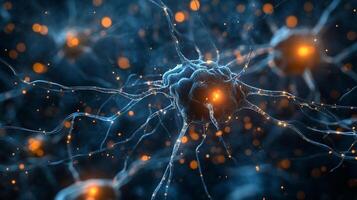 Close up view of neurons with glowing elements, showcasing neural networks, brain activity, and nerve cells within a biological context. photo